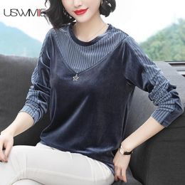 Women T Shirt Golden Velvet Leisrure Sweet Long Sleeve Fashion Bottoming Top Casual Temperament Solid Color Womens Clothing 210306