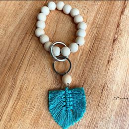Party Wooden Bead Bracelet Keychain Pure Color Car Chain Cotton Tassel Keyring with Alloy Ring Wood Beaded Decoration Pendant RRB14102