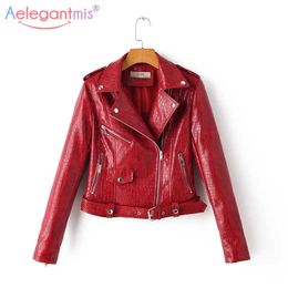 Aelegantmis Autumn Women Pu Leather Jacket Slim Short Soft Faux Moto Biker Jackets With Belt Female Casual Punk Outwear 210607