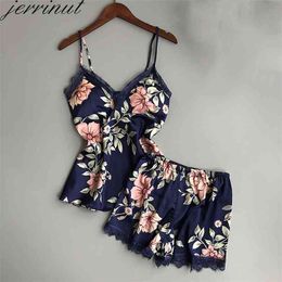 Jerrinut Women Sleepwear Silk Pajamas Set Nightgowns Sexy Lingerie Summer Satin Lace Sleeveles Home Wear With Chest Pad 210830