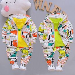 Baby boy clothes autumn cotton suit 0-4 years old boy cartoon dinosaur print hooded sweater casual sports baby three-piece suit 210309