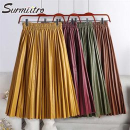 SURMIITRO Fashion Autumn Winter PU Midi Leather Pleated Skirt Women Korean Style Mid-Length High Waist A Line Skirt Female 211120