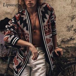 Casual Mens Cardigan Tops Autumn Long Sleeve Pocket Design Outerwear Vintage Pattern Print Slim Jacket Coats Men Streetwear 211126
