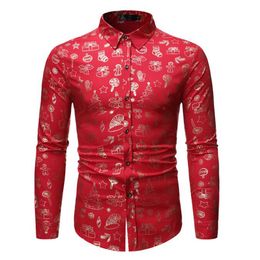 Fashion Red Mens Christmas Shirt Casual Slim Fit Xmas Gift Print Mens Dress Shirts Long Sleeve Button Down Chemise Homme Top