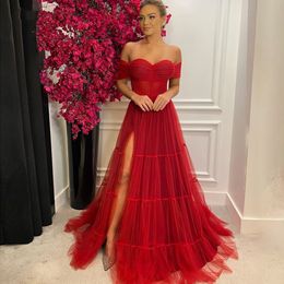 Elegant Red Corset Evening Dresses Side Split A Line Long Tulle Off The Shoulder Prom Dress 2022 Girl Party Dress Women Sweetheart Formal Occasion Gowns Full Length