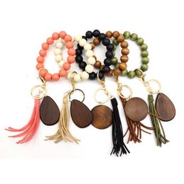 2021 High Quality Wooden Bead Wrist Stretch Keychain Bracelet with Tassel Wristband Bangle Keychain