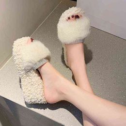 platform house slippers women fluffy slippers indoor rhinestone winter warm Plush slippers wedges women winter fur slipper home W220218