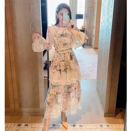 O-Neck Vintage Long Dress Woman Belt Floral Printed Sleeve Elegant Maxi Vestido Autumn Spring Female 210603