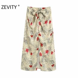 ZEVITY New Women Vintage front bowknot flower print straight midi skirt faldas mujer ladies side zipper chic split skirts QUN672 210309