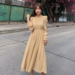 Women Spring Chiffon Dress Long Sleeve Summer Streetwear Print Beach A-line Party Korean Fashion Yellow Robe Longue Femme 210625