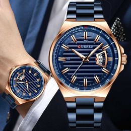 Curren Business Watch Men Luxury Brand Rose Gold Blue Men Wrist Watches Stainless Steel Clock Waterproof Relogio Masculino 210527