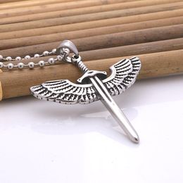 1pc vintage angel wing sword stainless steel pendant necklace fashion retro titanium steel alloy mens sweater chain unisex jewelry