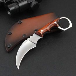 High Quality Karambit Knife D2 Steel Blade Full Tang Rosewood Handle Fixed Blade Tactical Claw Knives With Leather Sheath