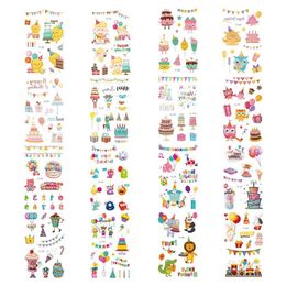 16pcs Birthday Tattoos Stickers Temporary Cute Cartoon Animal Cake Image Tattoo Sticker for Kids Body Art Party Decor Gift