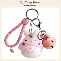 Cartoon Totoro Doll Key Chain Creative Couple Lovely Bell Leather Rope Bag Pendant Gift G1019