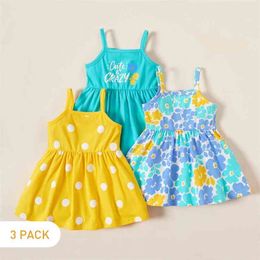 Summer 3-piece Baby Girl Polka Dots Floral Allover Slip Dresses for 3-24M Cotton Sleeveless Dress 210528