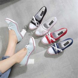 Pumps Denim High Quality Shallow Mouth Women's Shoes Heel 8CM Canvas Student Women Board shoes size 34-41 211123