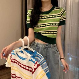 Women's Sweaters Summer Women Sweet Striped Short Sleeve Hearts Shirts O-neck Cropped Thin Hollow Out Ice Silk Sweater Pullover Crop Top