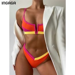 INGAGA Sexy Bikinis Ribbed Swimwear Women's Swimsuit Push Up Bathing Suit Solid Patchwork Biquini Thong High Cut Bikini Set 210702