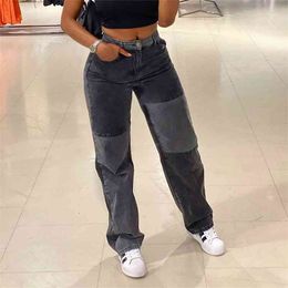 Fashion Patchwork Skinny Straight Jean High Waist Pocket Sexy Colour Block Street Long Grey Denim Pants 210629