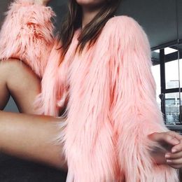 Fashion Furry Faux Fur Coat Women Fluffy Warm Long Sleeve Female Outerwear Autumn Winter Coat Jacket Hairy Collarless Overcoat 210222