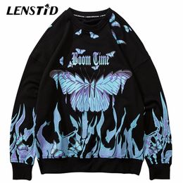 LENSTID Men Hip Hop Sweatshirt Blue Fire Flame Butterfly Harajuku Streetwear Hipster Pullover Hoodies Autumn Fashion Sweatshirts 201104