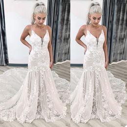 New Arrival Gorgeous Mermaid Wedding Dresses Sexy Spaghetti Straps Lace Appliques Bridal Gowns Princess Sweep Train Wedding