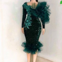 Dark Green Mermaid Prom Gown Luxury Glitter Sequins Beads Appliqued Robe De Soiree Chic Long Sleeves Knee Length Custom Made Evening Dress