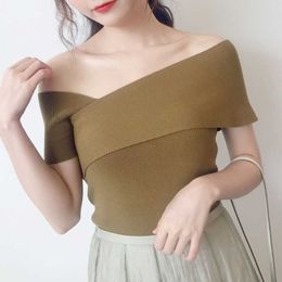Elegant Sexy Shoulder Strapless Thin Sweaters for Women Irregular Collar Design Knit Pullovers Fashion All-match Blouses 210525