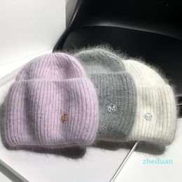 Beanies 2021 Winter High-quality Fur M-mark Knitted Hat Fashion Warm Solid Color Skullies Ear Protection Woolen Hats