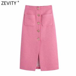 Zevity Women Vintage Pocket Patch Breasted Tweed Woollen Split Slim Skirt Faldas Mujer Ladies Back Zipper Chic Vestido QUN740 210603
