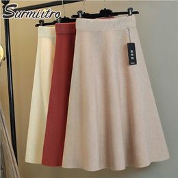 SURMIITRO Fashion Autumn Winter Knitted Midi Long Skirt Women ElegantKorean Style Mid-Length High Waist A Line Skirt Female 210712