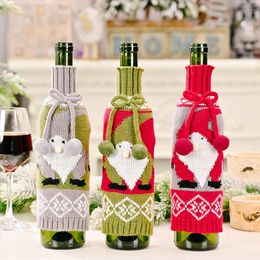 Christmas Decorations Bowknot Knitted Faceless Elderly Doll Red Wine Bottle Cover Table Decoration DH8655