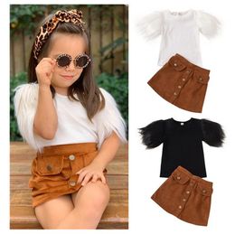 Toddler Kid Baby Girls 2Pcs Clothes Sets Fur Short Sleeve Solid T Shirts Tops Button A-Line Skirts Outfits