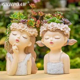 Cartoons Beauty Human Head Sculpture Vase Lady Small Fresh Portrait Flower Pots Home Storage Organization Decorative Accessories 211130