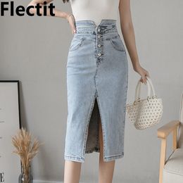 Flectit Vintage Women Denim Midi Skirt Split Front Mid-Calf Length Buttoned High Waist Pencil Jean Skirt * 210303