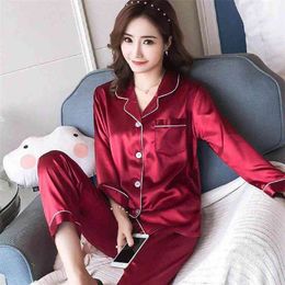 Women Pajama Sets Silk Satin Pijama Turn-down Collar Sleepwear Lady Long Sleeve Spring Nightwear Femme 2 Pieces Homewear 210809