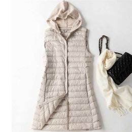 White Duck Down Women's Long Vest With Hooded Slim Warm Ultra Light Sleeveless Female Vests Coat Winter Solid Plus Size 4XL 211008