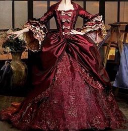 Retro Burgundy Taffeta Lace Quinceanera Dresses Bell Long Sleeve Sweep Train Roal Court Vintage Masquerade Prom Party Dress 15 16 Gowns