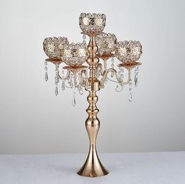 63 Cm Tall 5-arms Metal Gold Candelabras With Pendants Romantic Wedding Table Candle Holder Home Decoration 10 Pcs/lot