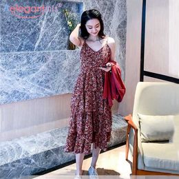 Aelegantmis Floral Print Women Summer Dress Sexy V-neck Spaghetti Strap Female Bohemian Beach Long Ladies es 210607