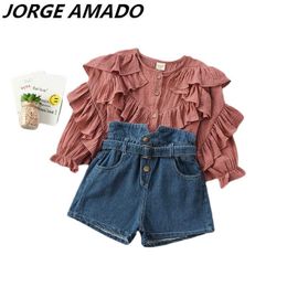 Girl Sets Baby fashion Cotton Shirt+Denim Shorts Fashion 2PCS Outfits Suit Clothes Kids H224 210610