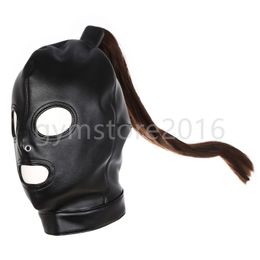Bondage PU Leather Head Range Hood with Or Without Hair Wig Open Eyes Nose Hole Restraint #76