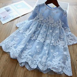 Kids Girls Embroidery Lace Dress for Children Long Sleeve Spring Flower Vestido Princess Costume 210529