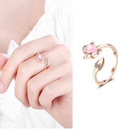 2021 New High Quality Crystal Zircon Opal Fox Rings Size Adjustable Rose Gold Ring for Woman Fashion Jewellery Open Designer Ring G1125