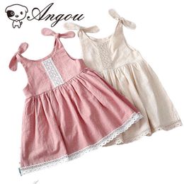 Summer New Children's Solid Colour Sleeveless Bandage Casual Cute Sweet Dresses Girls Cotton And Linen Lace Princess Dress G1215