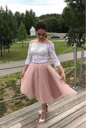 Bateau Neck Lace Homecoming Dresses Top Cocktail Party Gowns A Line Tulle Short Prom Dress Tea Length Girls' Wear M352