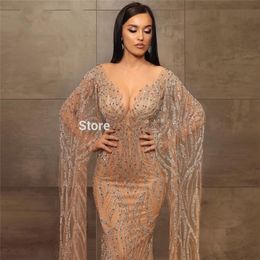 Champagne Crystal Evening Dresses Glitter Muslim Long Sleeves Saudi Arabia Beading Dubai Mermaid Formal Prom Dress Custom Made Party Gowns