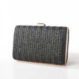 Clutches Women Dinner Bags Retro Straw Weave Wedding Evening Bag Purses And Handbags Solid Small Knitted Metal Chain Bag