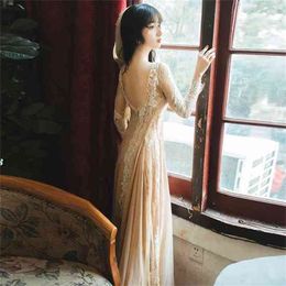 Women Lace Long Dress Elegant Beige Chiffon O-neck Sleeve Ankle-Length Lackless Sexy Party Summer 210603